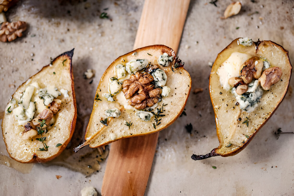 Baked Pears with Cream Cheese and Walnut Topping