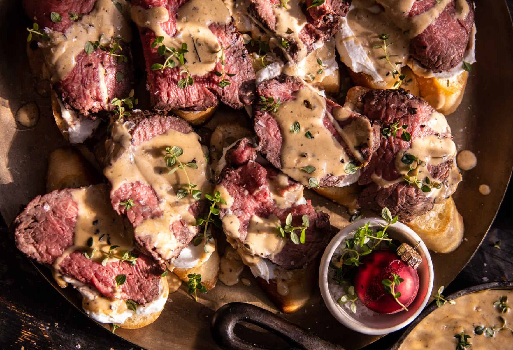 Beef Tenderloin Crostini with Parmesan Cream Sauce
