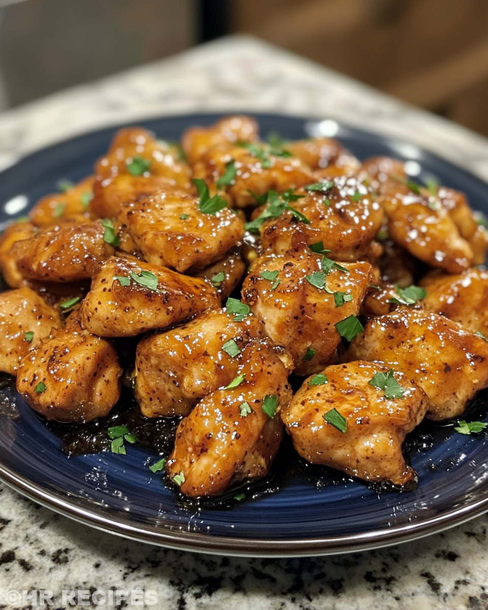 Glazed honey garlic chicken ready to serve on a plate