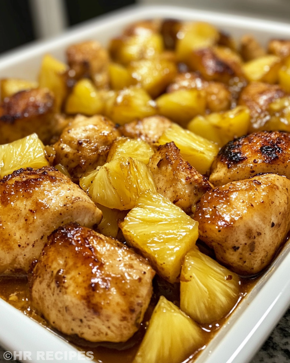 Plate of finished brown sugar pineapple chicken garnished with green onions