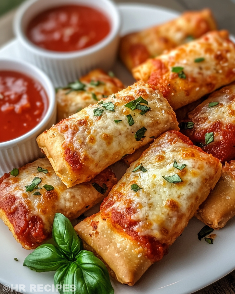 Finished crispy air fryer pizza rolls served with marinara sauce