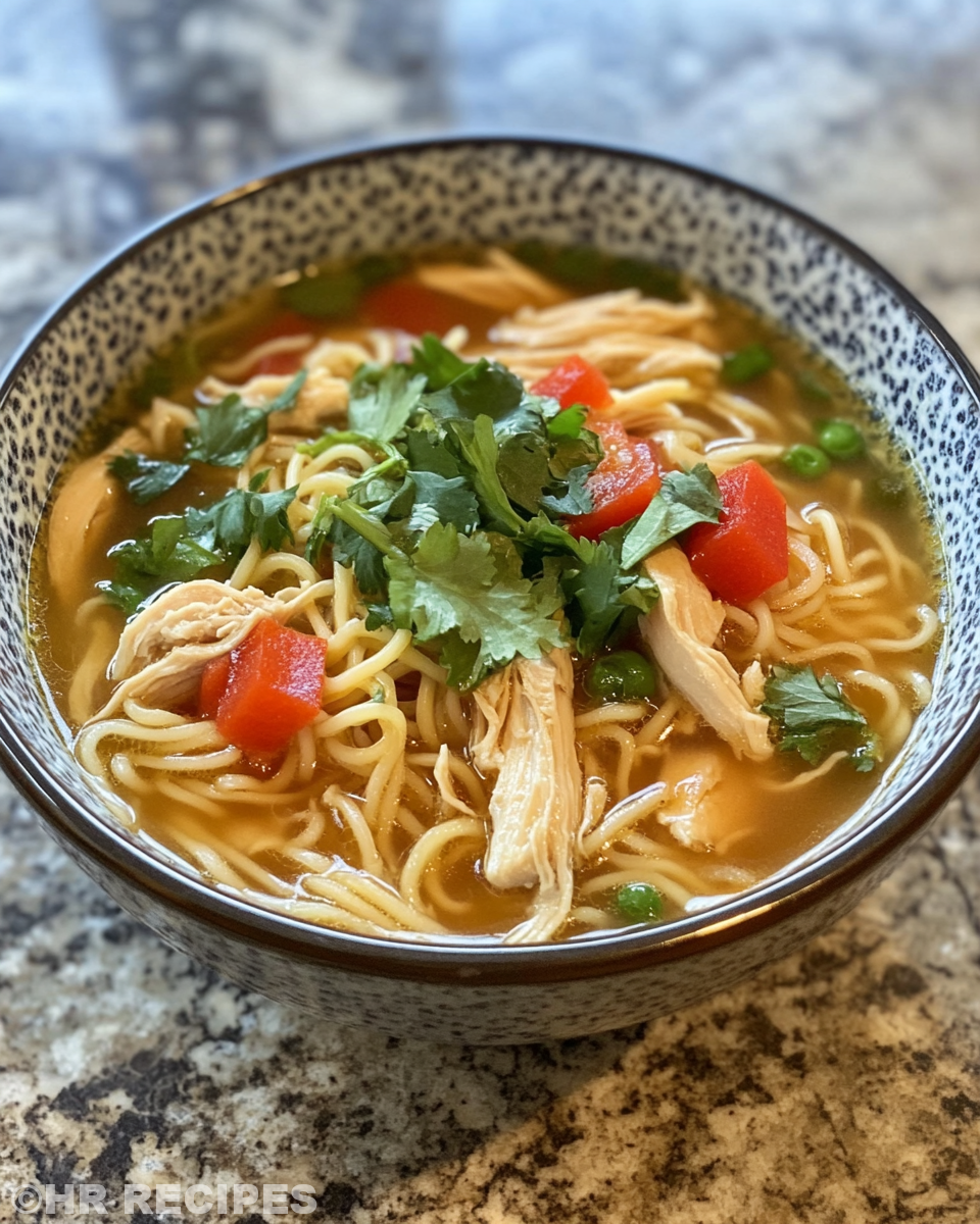 Close up of finished chicken noodle soup with cilantro garnish