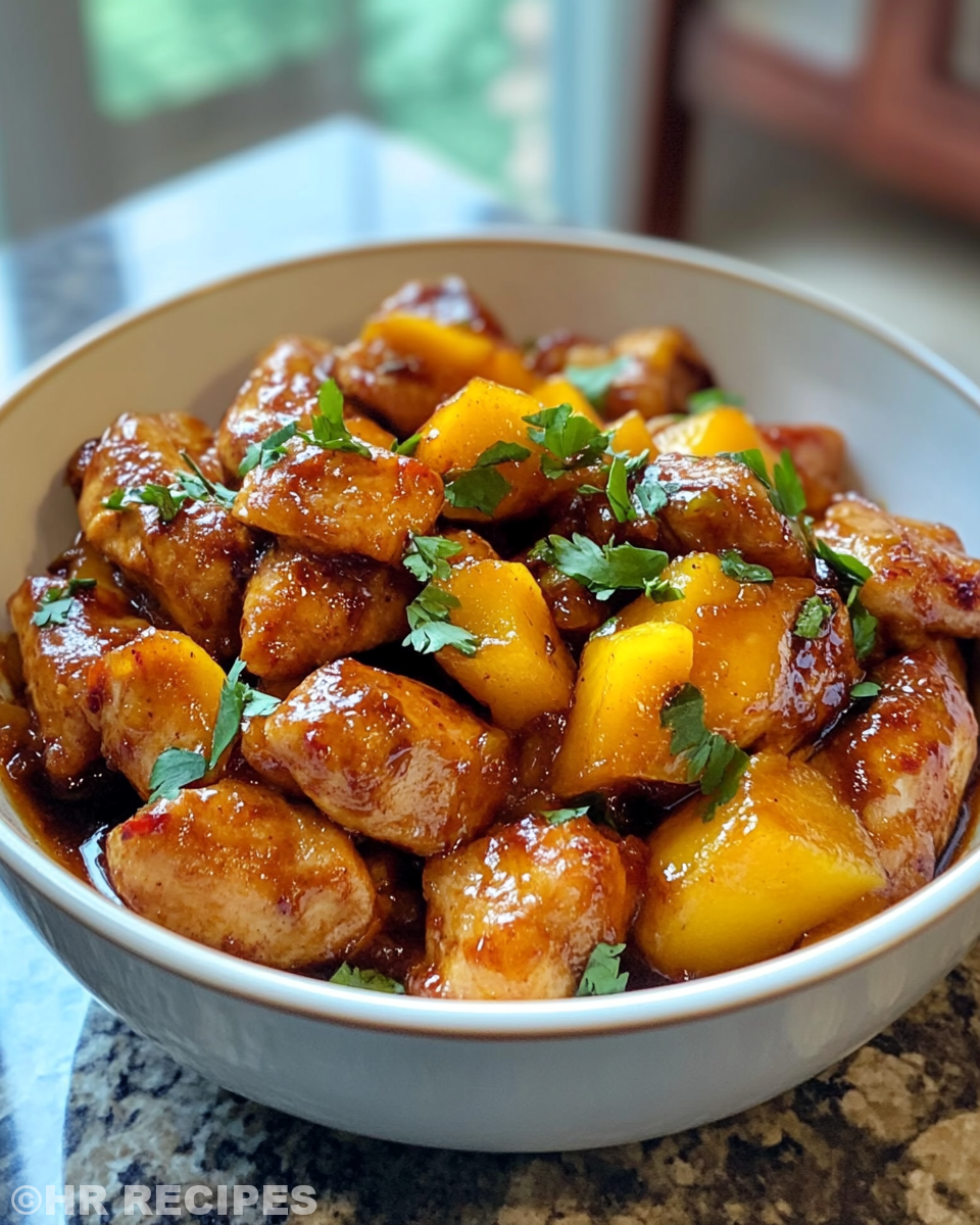 Ingredients and sauce for Asian mango chicken stir-fry