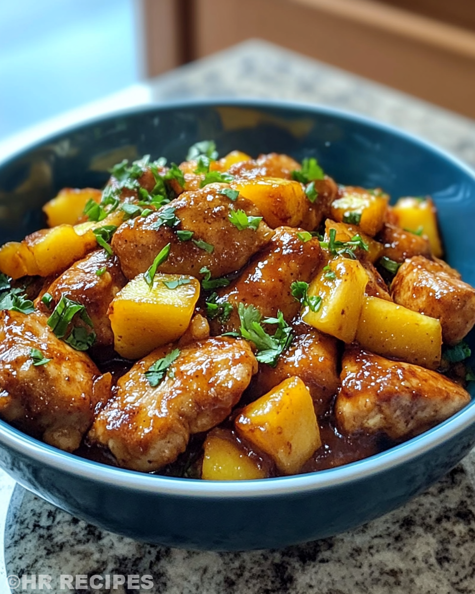 Served Asian mango chicken with crispy chicken and fresh mango cubes