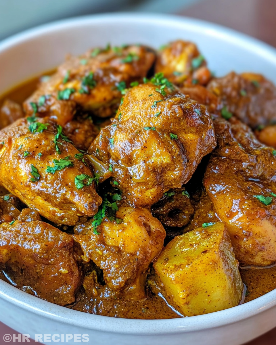 Mixing ingredients for authentic Jamaican curry chicken in big bowl