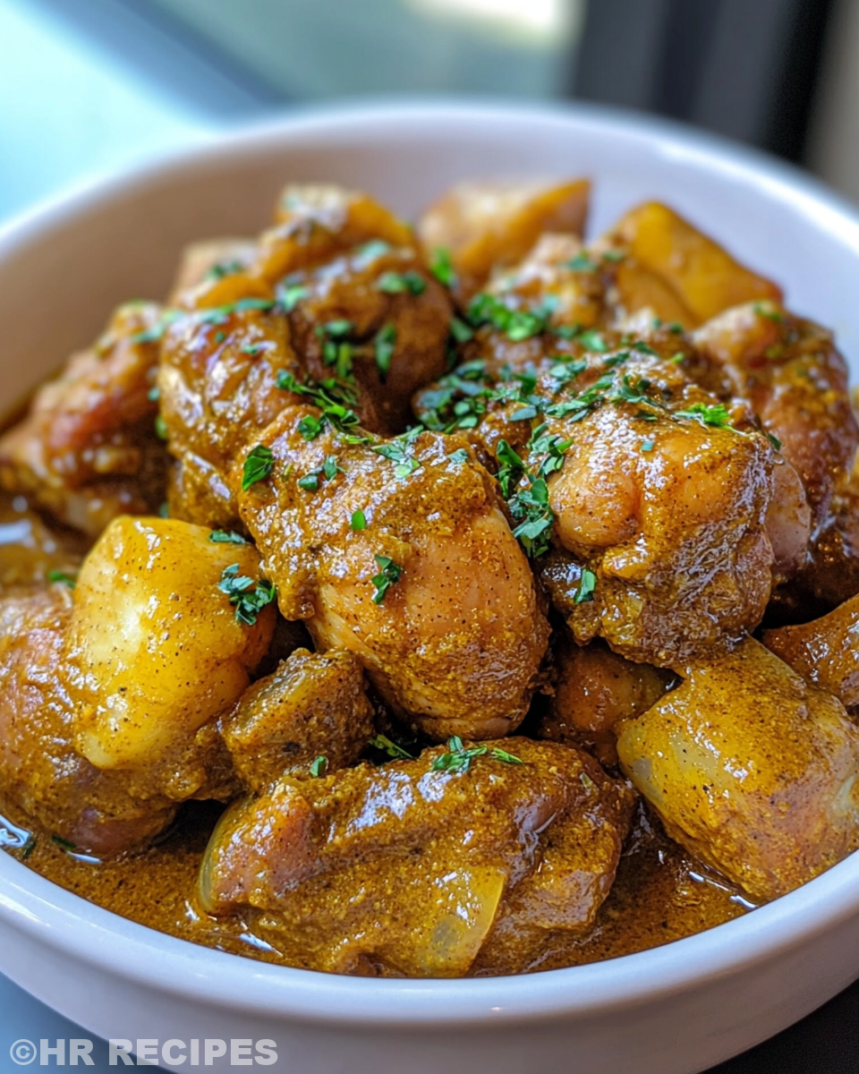 Jamaican curry chicken cooking in pressure cooker with sealing ring