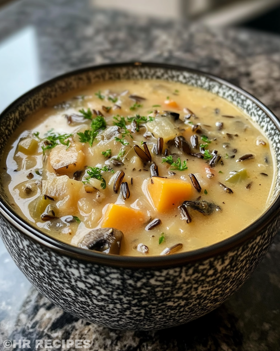 Hearty bowl of creamy wild rice and butternut squash soup served with fresh kale