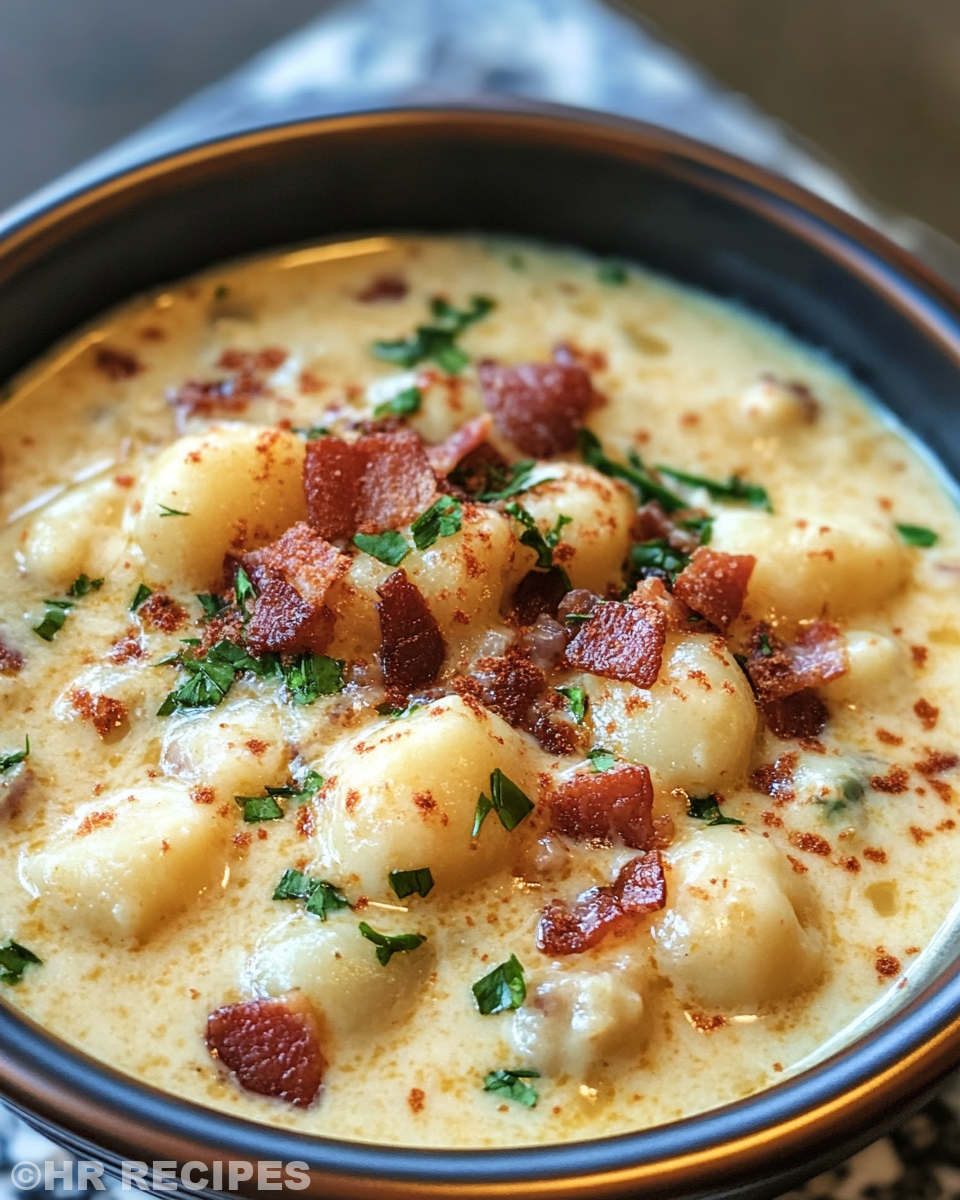 Ingredients for creamy bacon cheddar gnocchi soup displayed in bowls