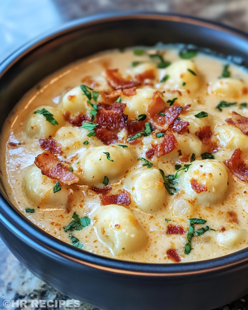 Creamy bacon cheddar gnocchi soup simmering in pressure cooker