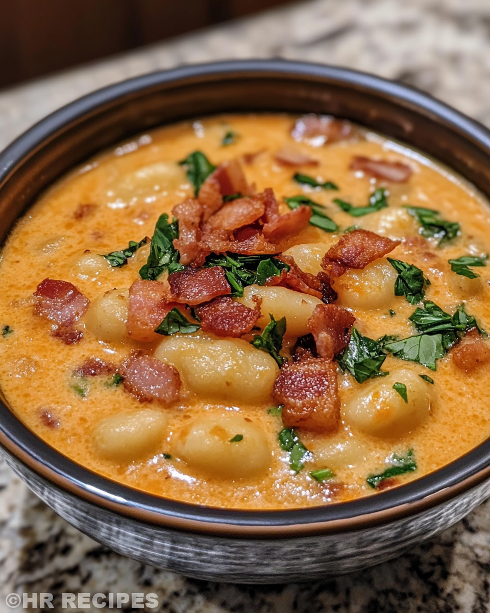 Pot cooking potato gnocchi with veggies in creamy broth
