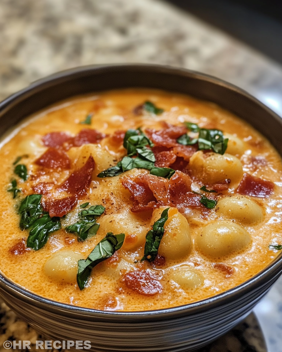 Bowl of finished bacon cheddar gnocchi soup served hot