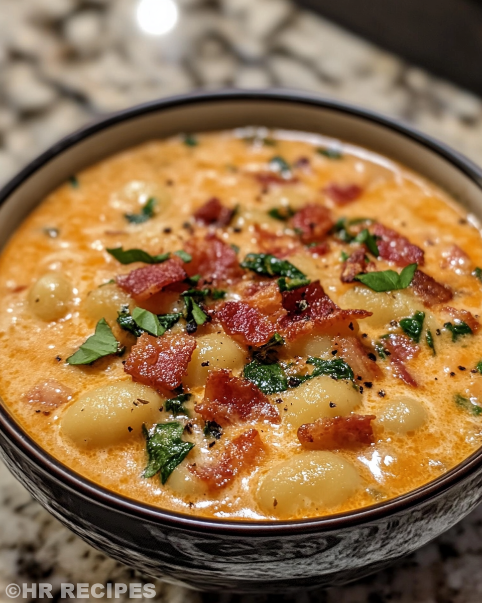 Close up of pressure cooker with bacon cheddar gnocchi soup