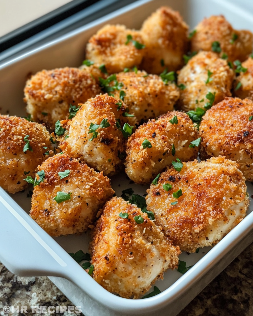 Served golden baked chicken bites garnished with fresh parsley