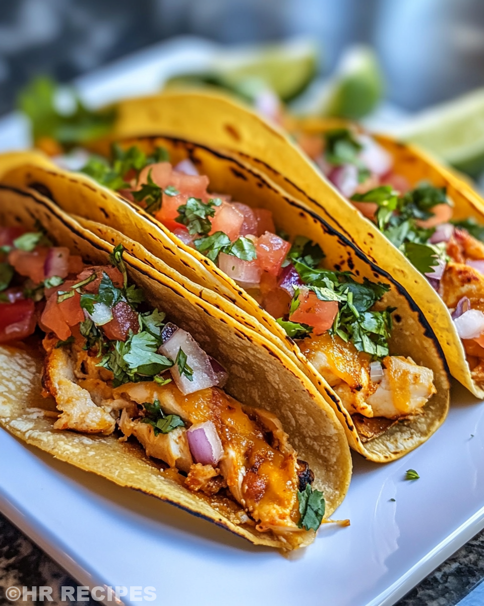 Final plated baked chicken tacos with melted cheese and lime wedges