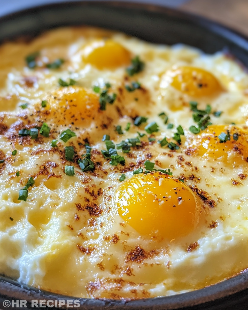 Close up of a plated serving of baked cottage cheese eggs