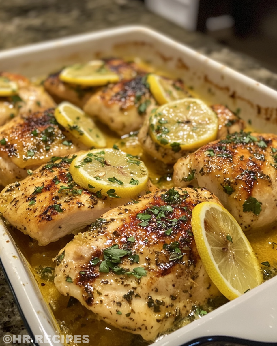 Ingredients for baked lemon butter chicken in skillet before baking