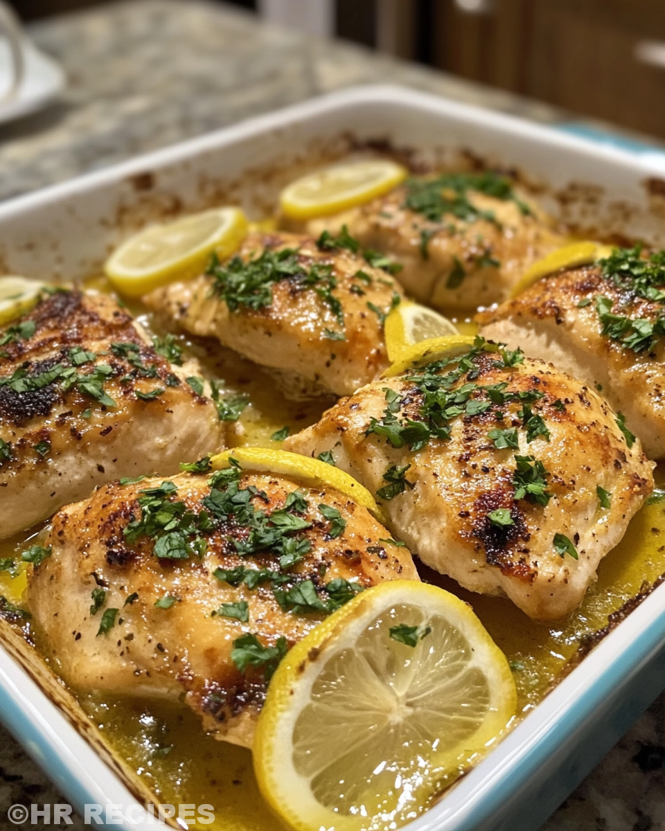 Finished baked lemon butter chicken served on plate garnished with parsley