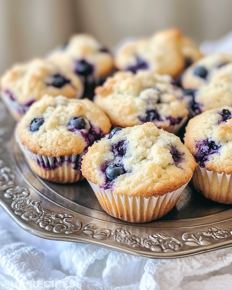 Serving of freshly baked bakery style blueberry muffins ready to eat