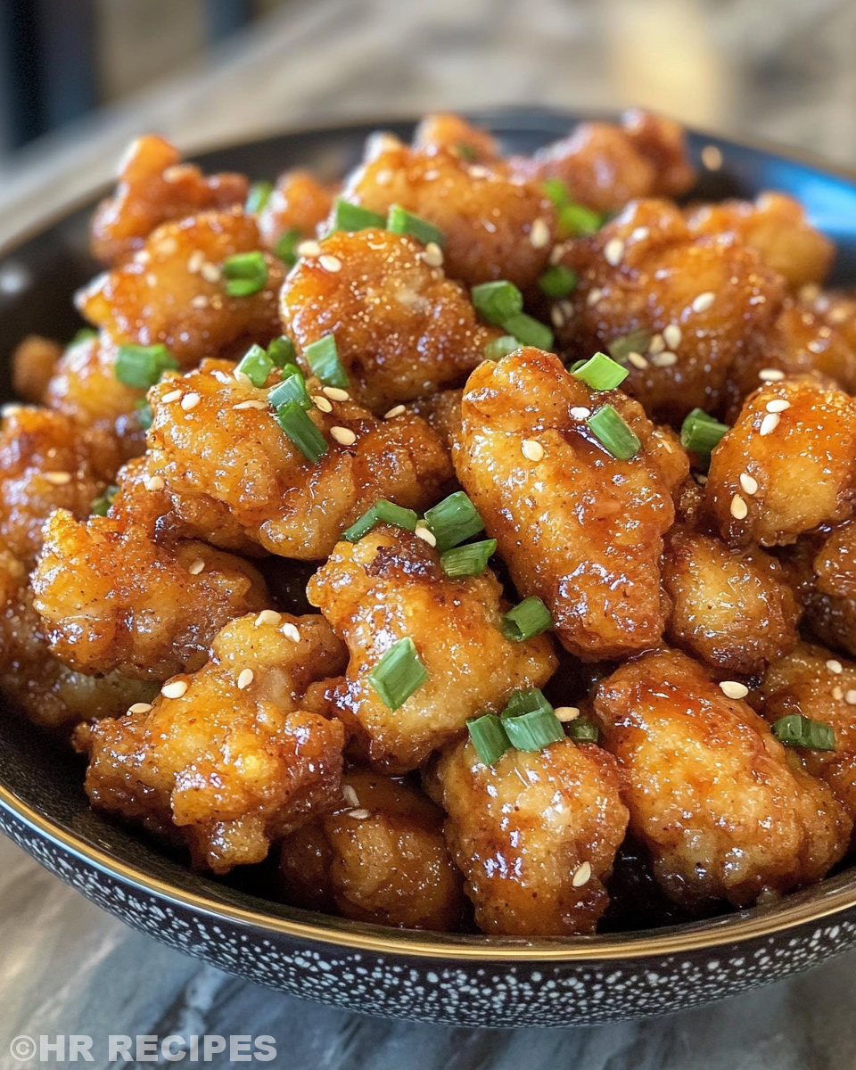 Finished Bang Bang chicken coated in spicy-sweet sauce ready to serve