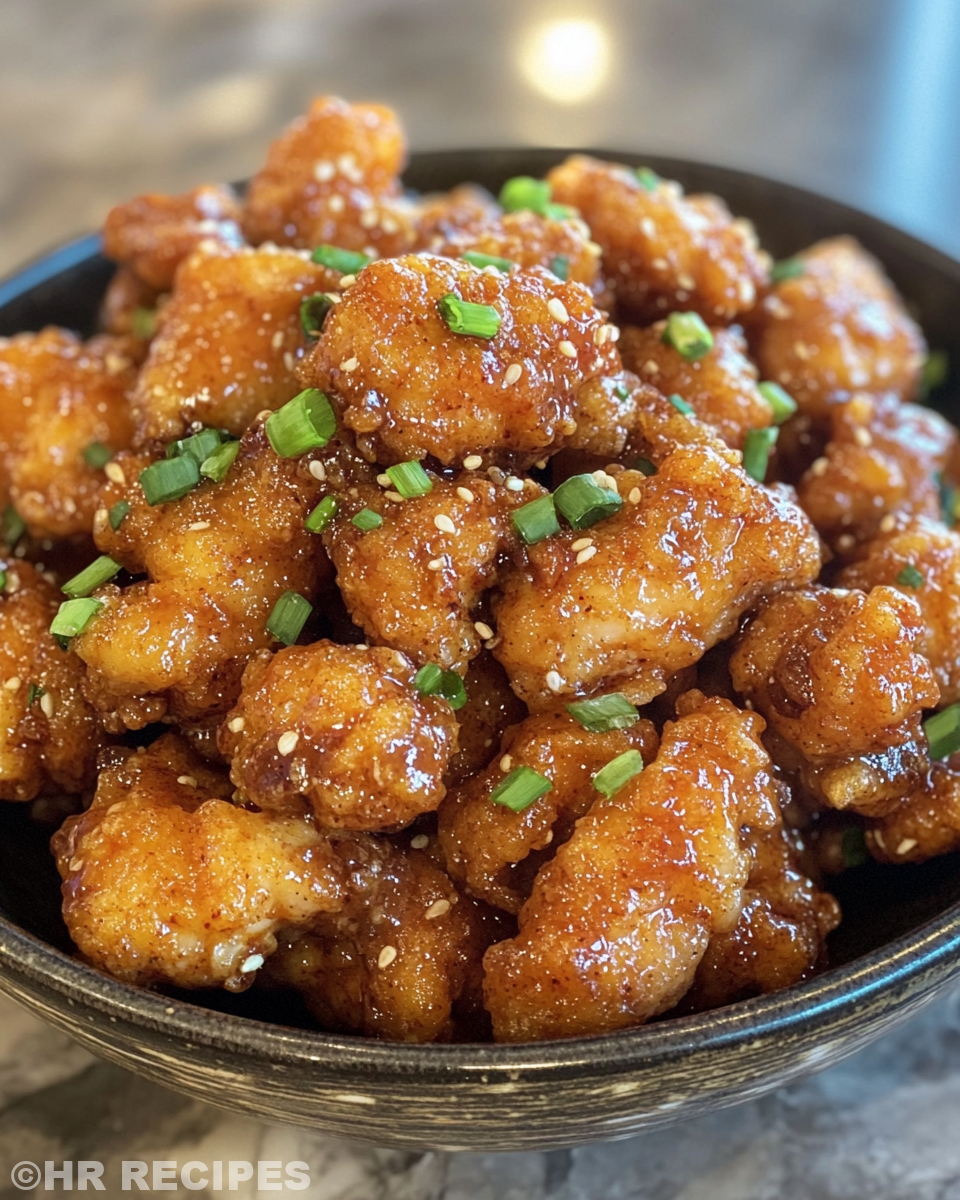 Pressure cooker releasing steam with crispy spicy Bang Bang chicken