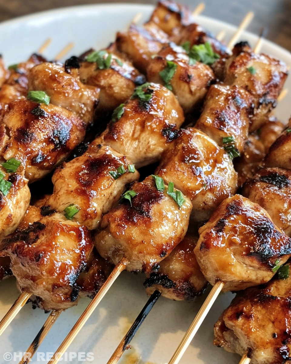 Preparing and coating chicken pieces on skewers with bang bang sauce