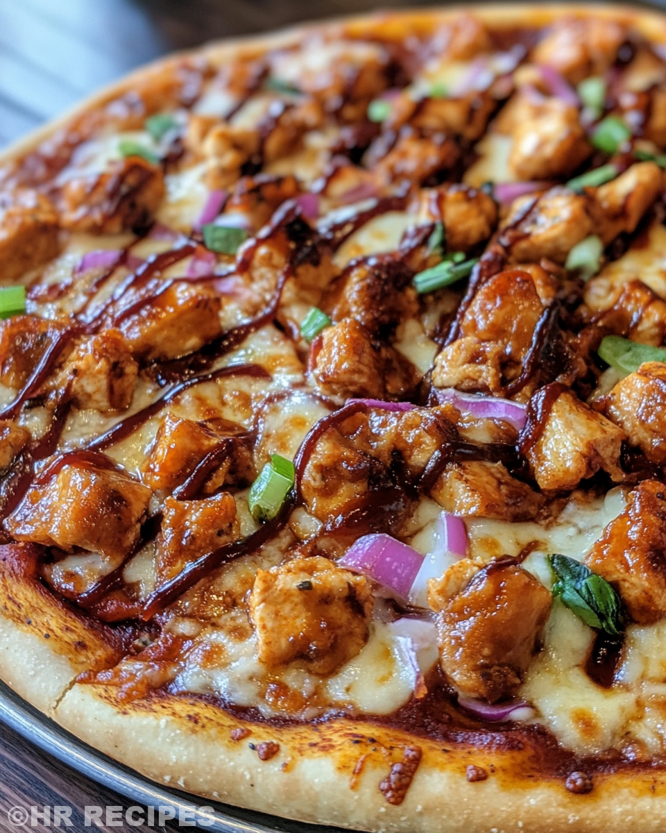 Serving of freshly baked BBQ chicken pizza with bubbly cheese and cilantro garnish