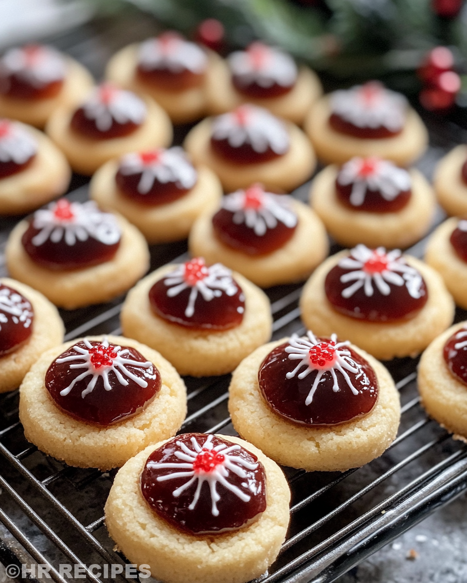 Finished thumbprint cookies with jam centers ready to eat