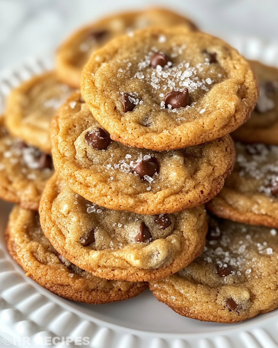 Freshly baked butterscotch chocolate chip cookies sprinkled with sea salt