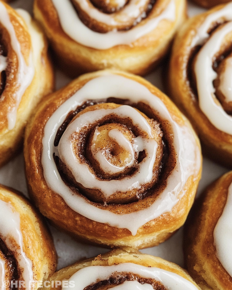 Freshly cooked cinnamon rolls with cream cheese icing sliding down sides