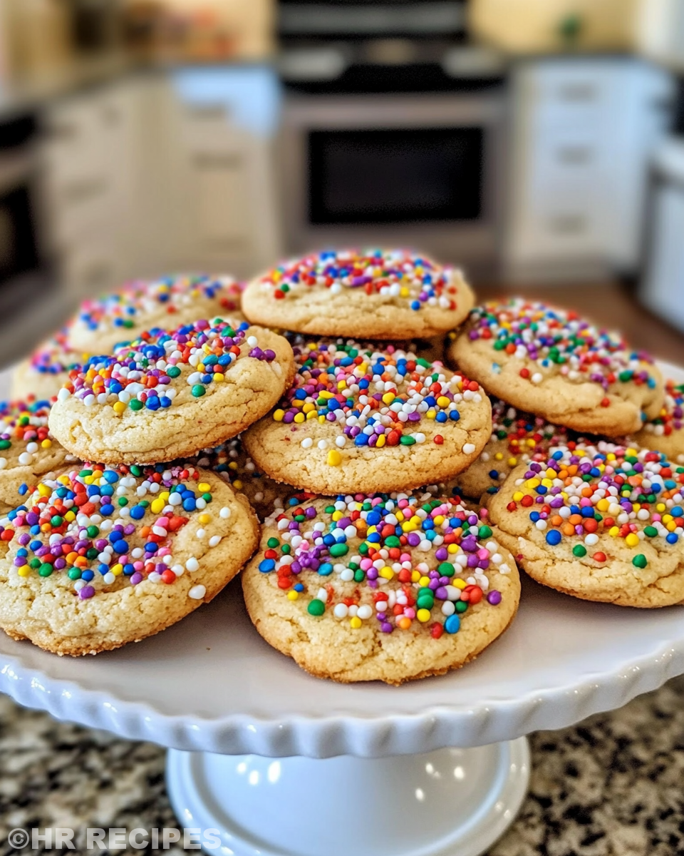 Ingredients for birthday cake cookies including butter, sugar, eggs, flour, and sprinkles