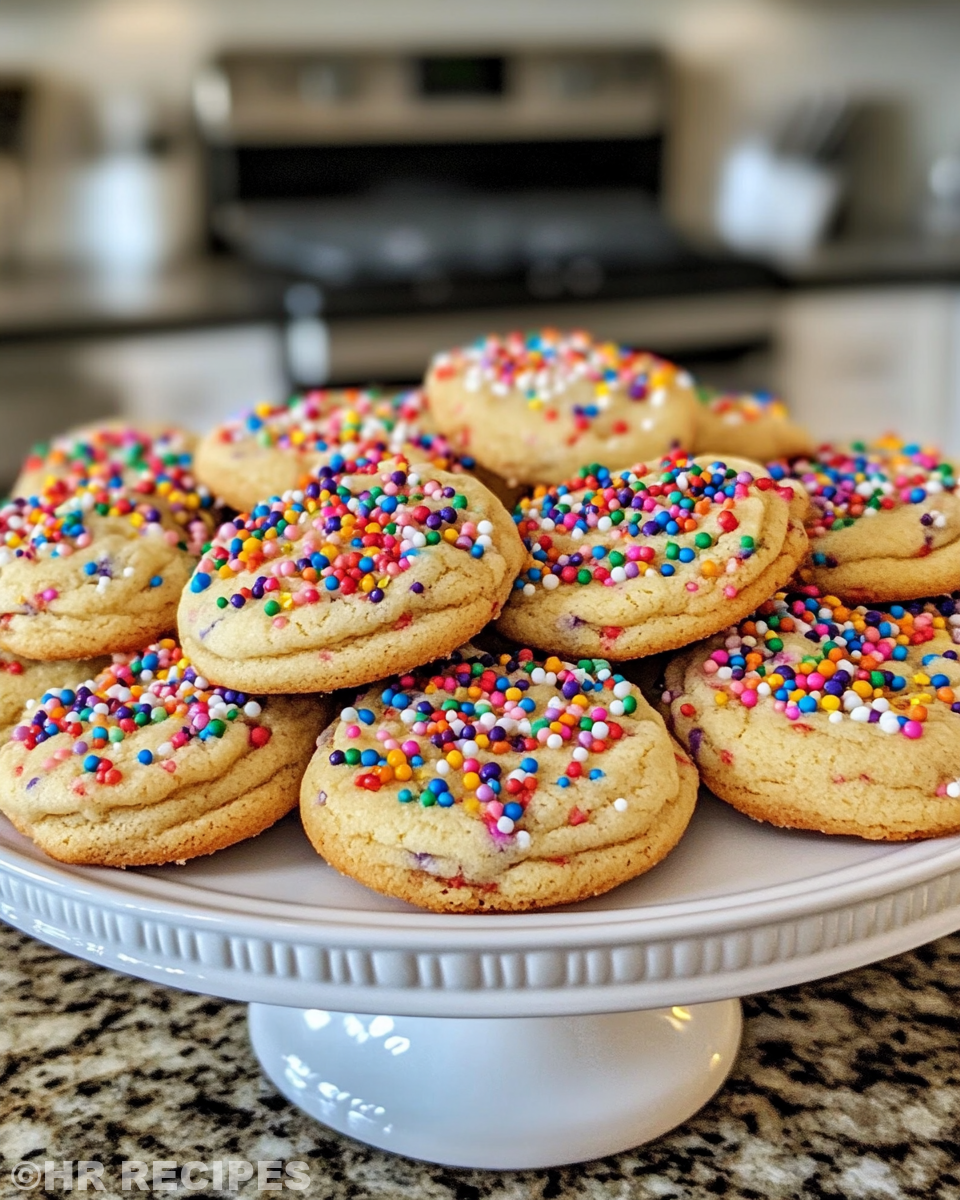 Freshly baked birthday cake cookies with golden edges and rainbow sprinkles served on plate