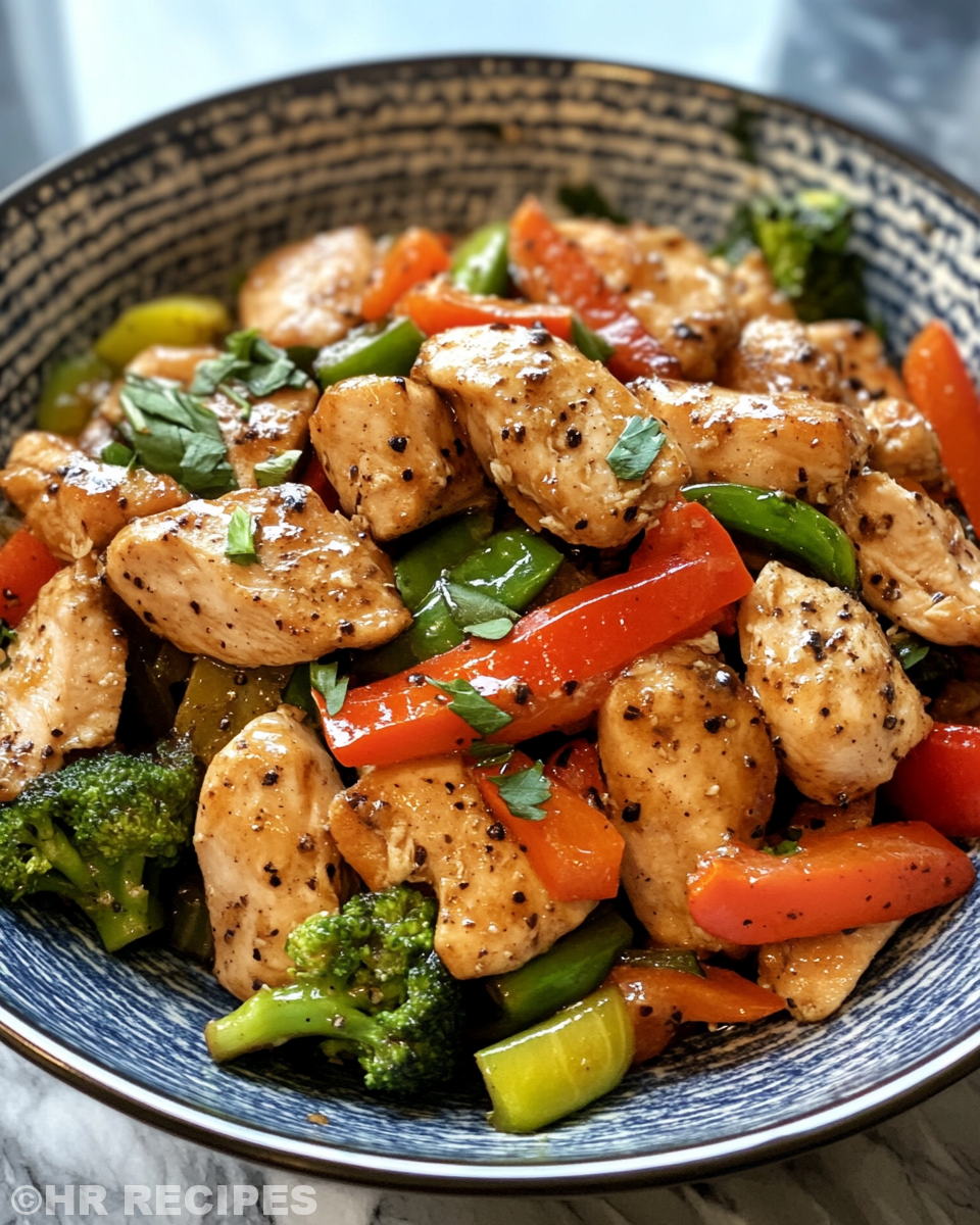 Served plate of black pepper chicken stir fry with vegetables