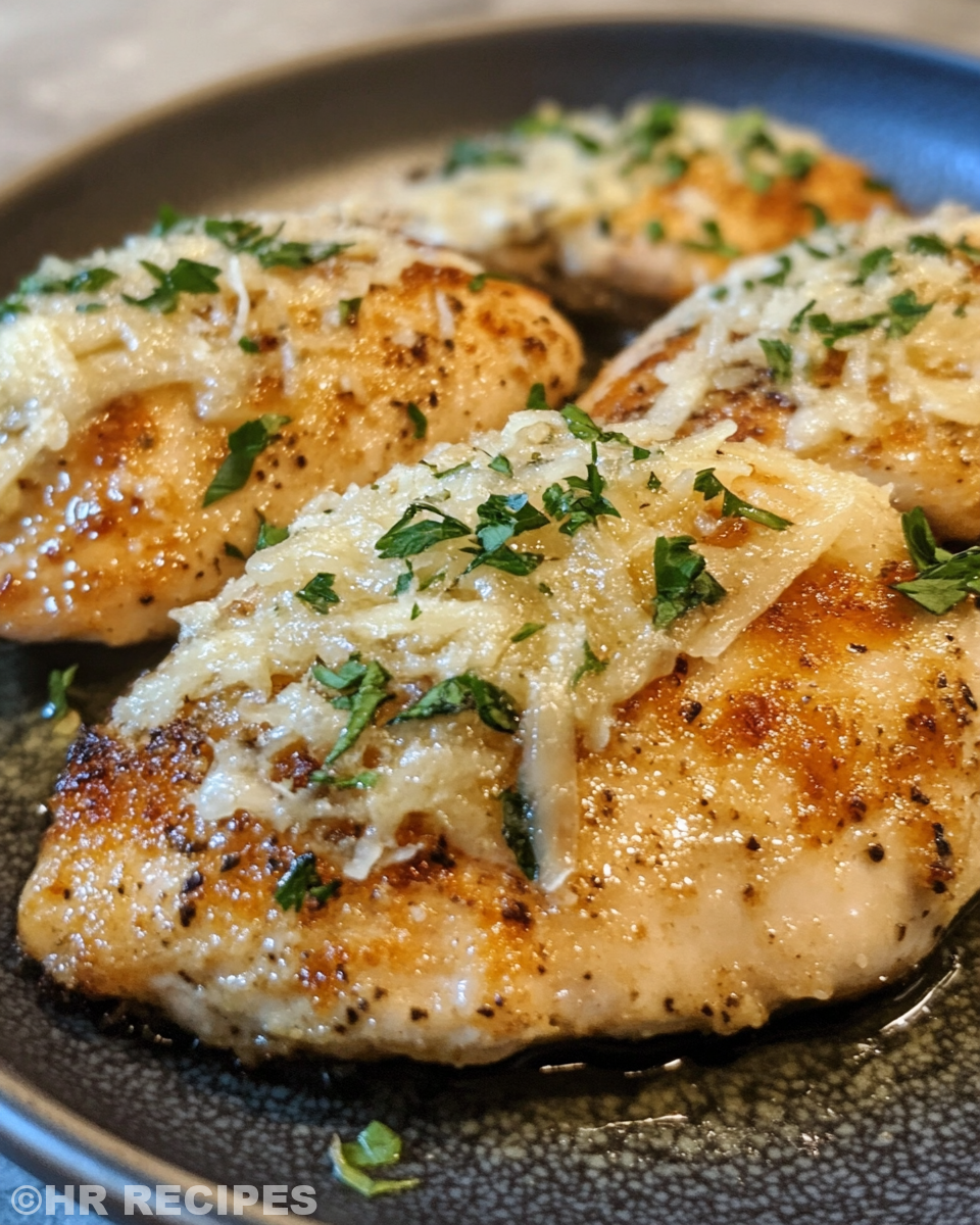 Plated serving of garlic parmesan chicken garnished with parsley