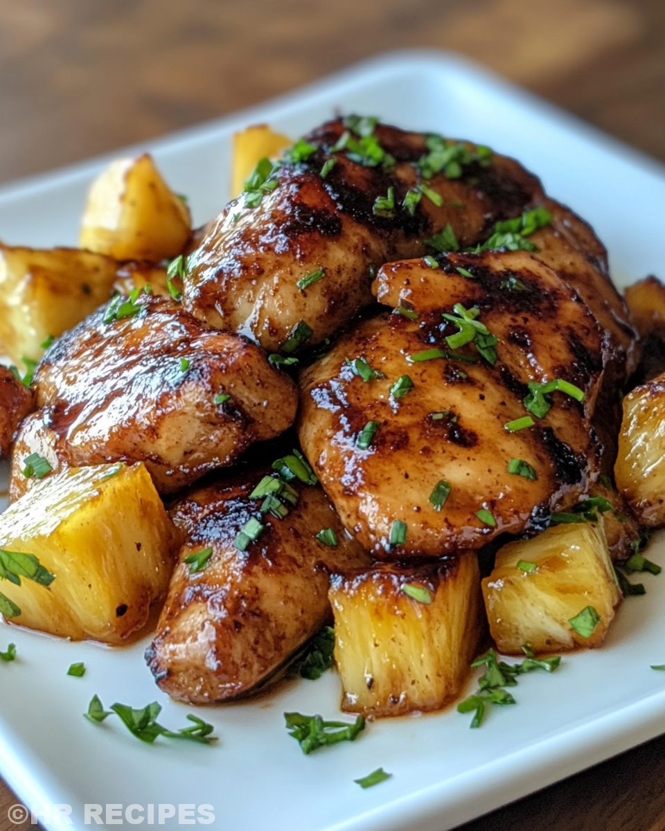 Final plated brown sugar pineapple chicken garnished with green onions