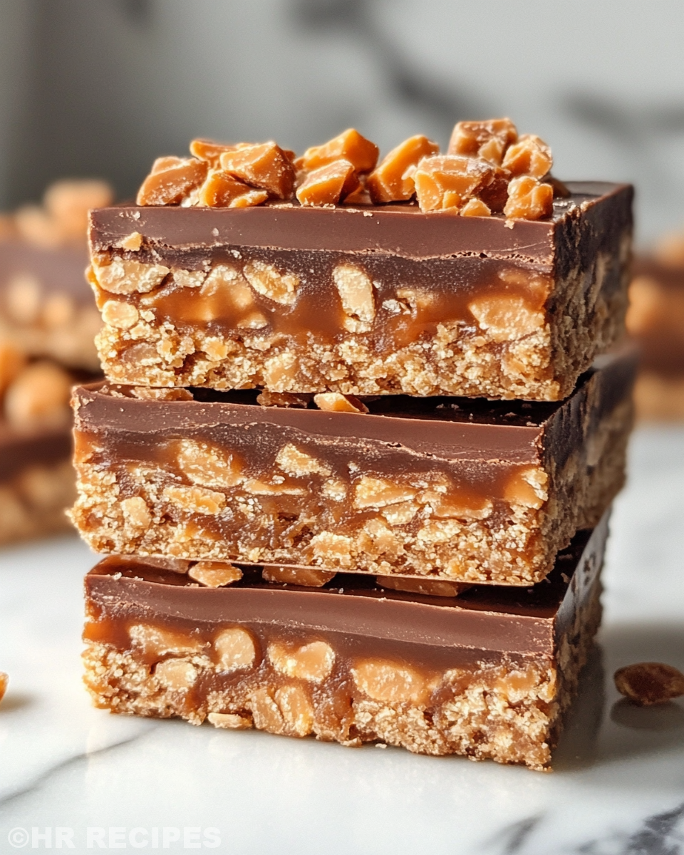 Finished Butterfinger caramel crunch bars cut and ready to serve