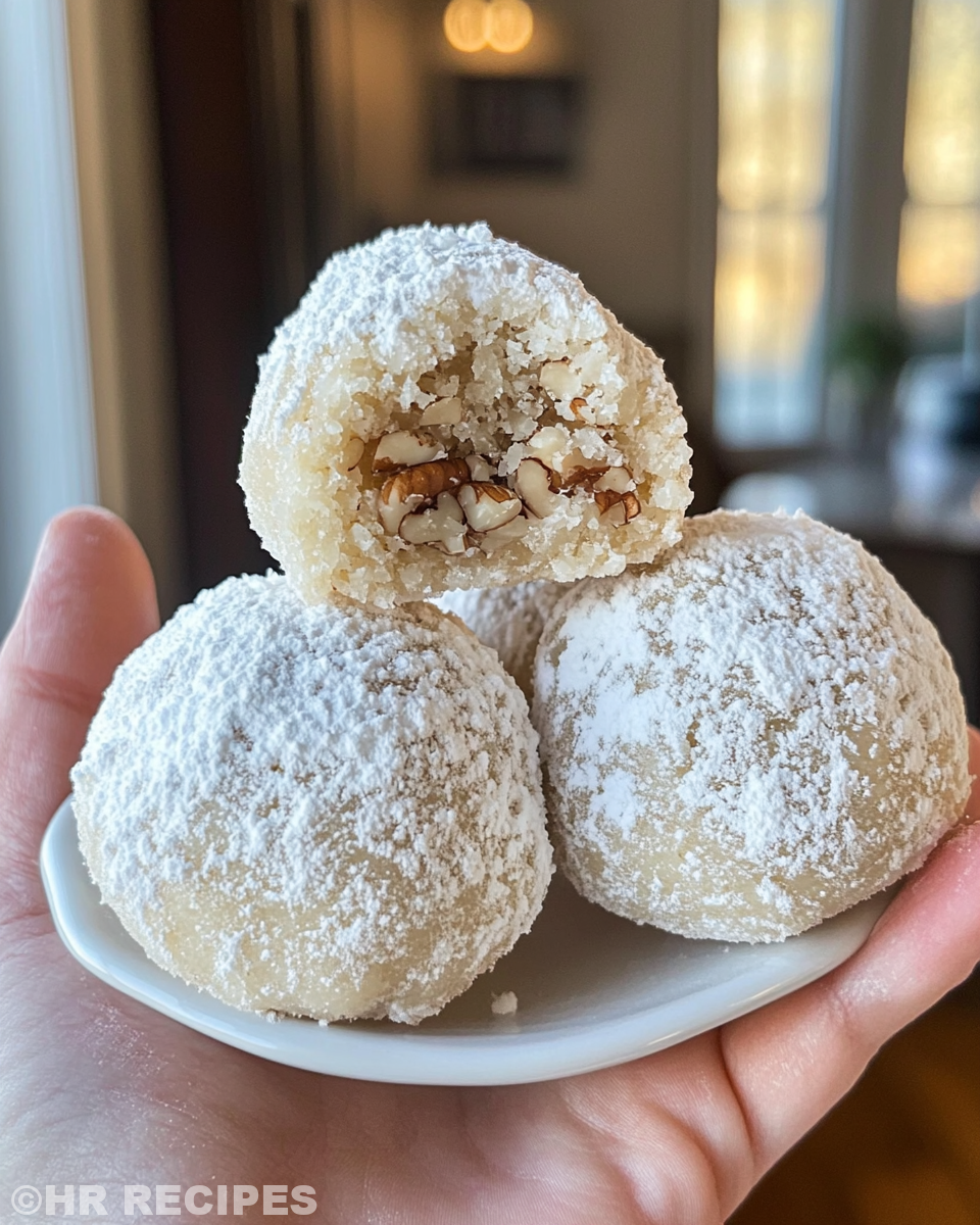 Close up of pecan snowball cookies coated with powdered sugar