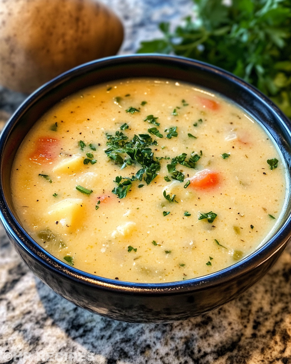 Serving bowl of creamy Cajun potato soup garnished with parsley and cheddar cheese