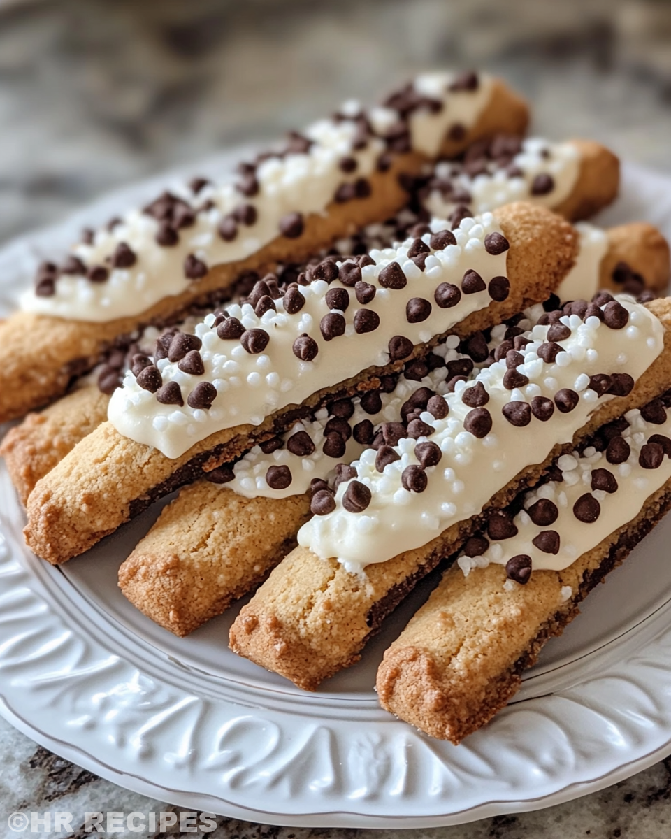 Finished cannoli cookies drizzled with melted chocolate