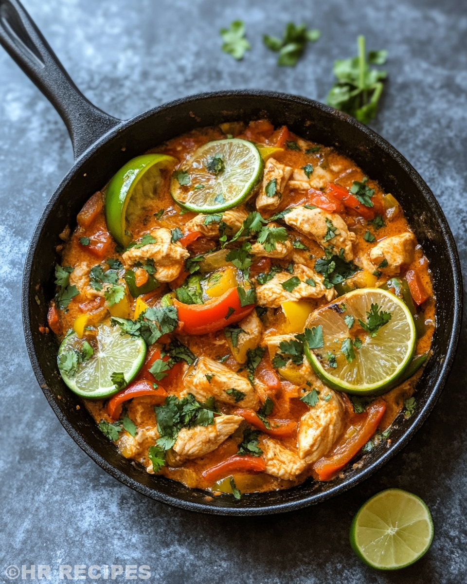 Finished cheesy Baja chicken and bell pepper skillet served with tortillas