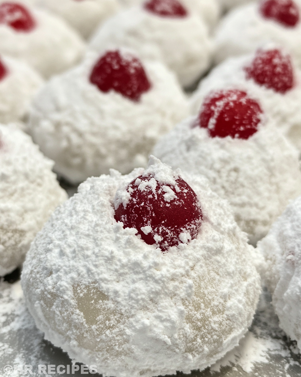 Cherry snowball cookie dough balls spaced on parchment-lined tray