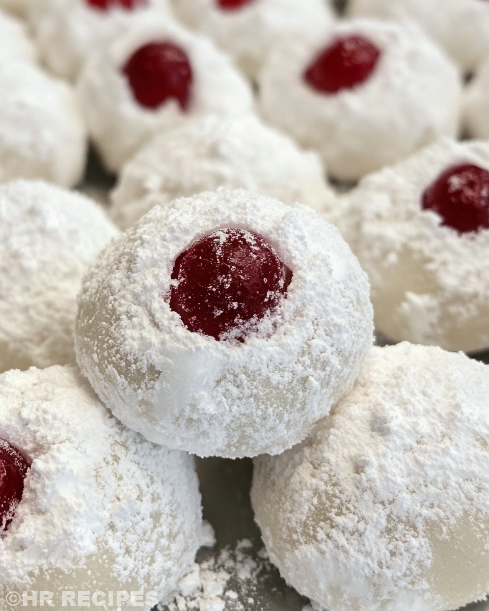 Finished cherry snowball cookies dusted with powdered sugar on wire rack