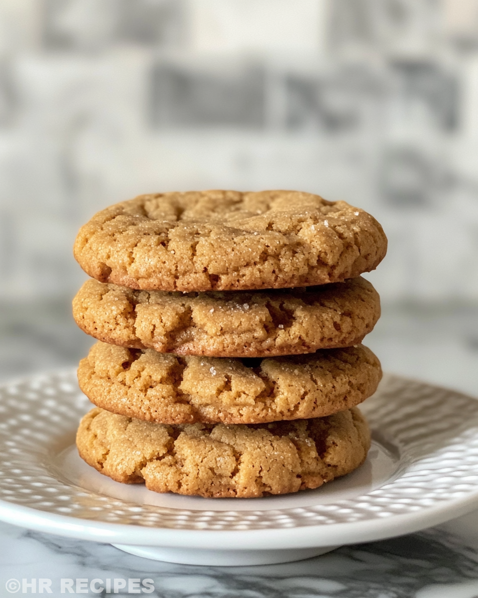 Close up of finished peanut butter cookies showing texture and golden edges