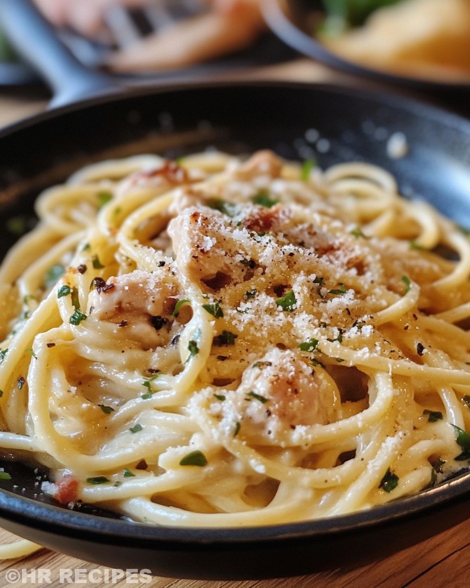 Ingredients for chicken carbonara including eggs, bacon, parmesan, and pasta