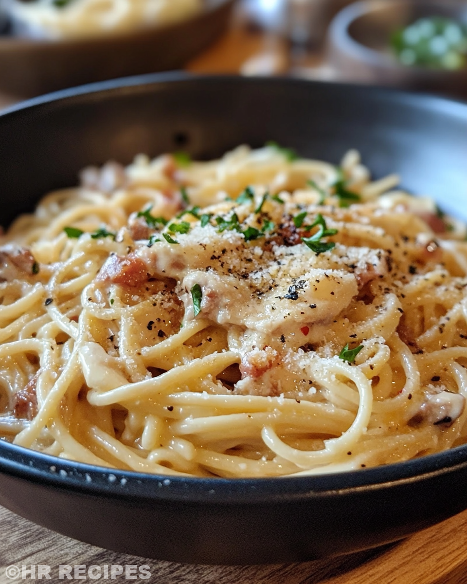 Cooking process of chicken carbonara with bacon and pasta in skillet