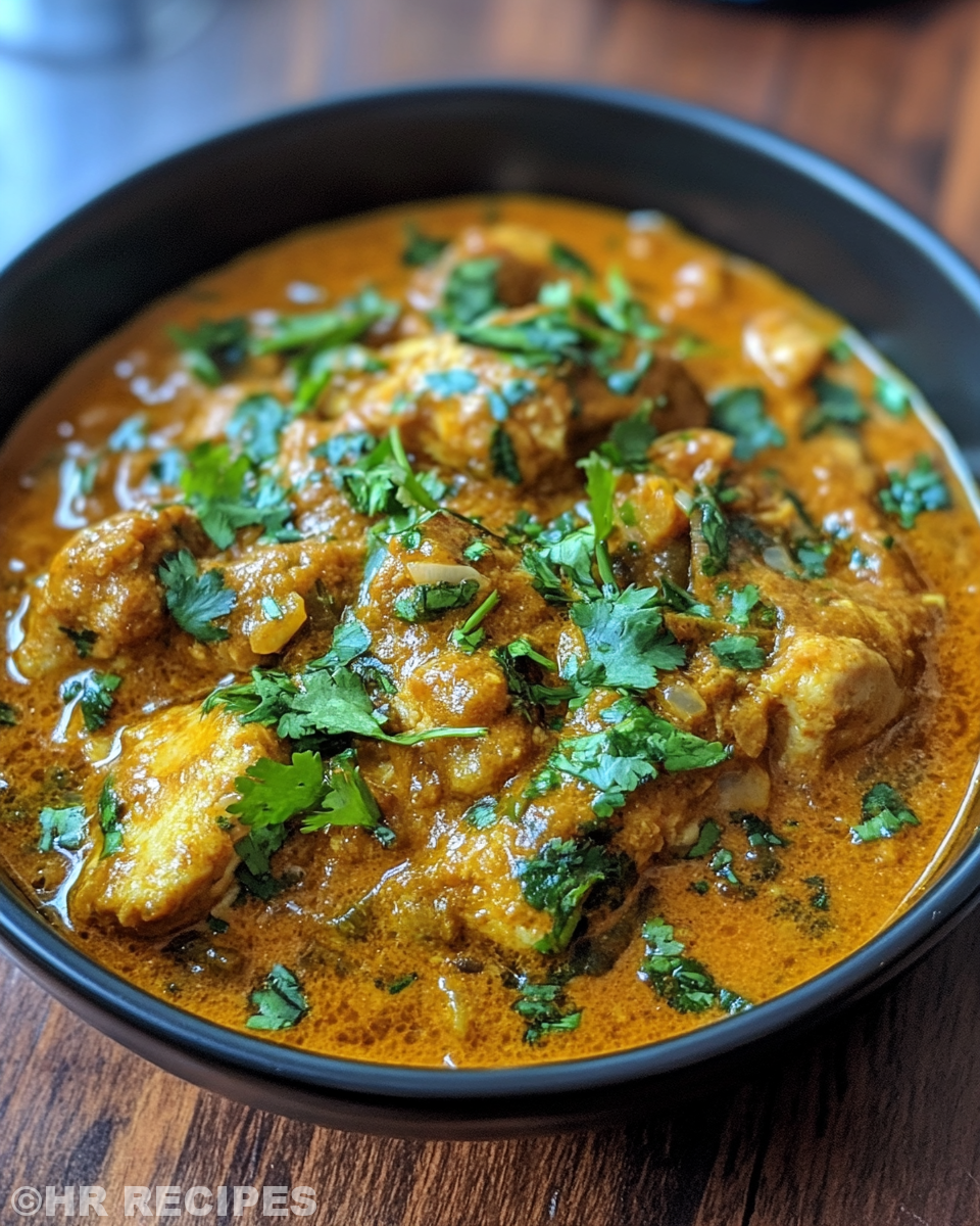 Spices and chicken cooking in pressure cooker showing onion, garlic and curry powder