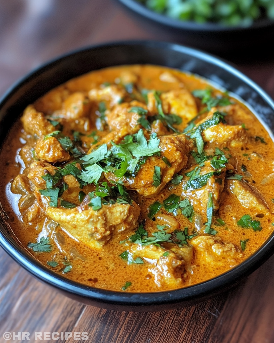 Tender cooked pressure cooker chicken curry served with rice on plate