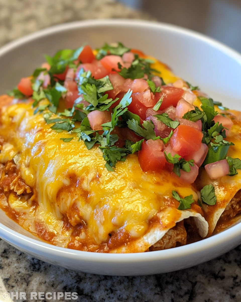 Close up of chicken enchilada casserole in crock pot with steam