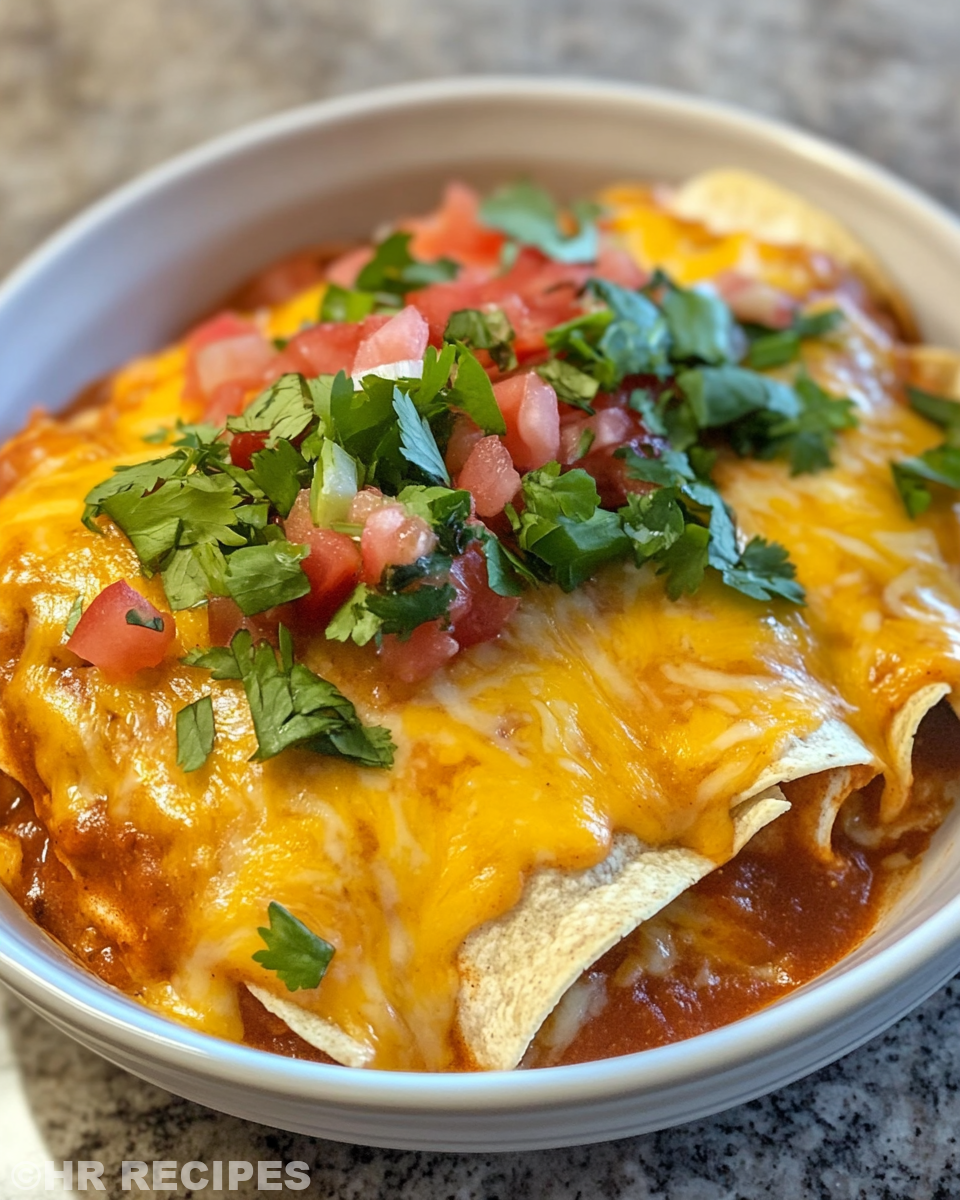 Served chicken enchilada casserole with toppings on plate