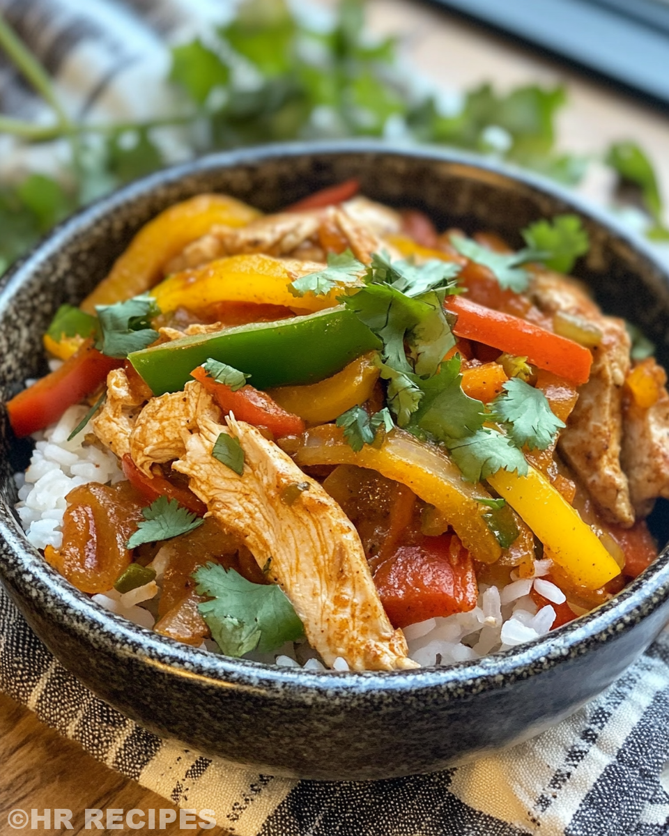 Sautéed peppers, onions and chicken with fajita seasoning in pressure cooker
