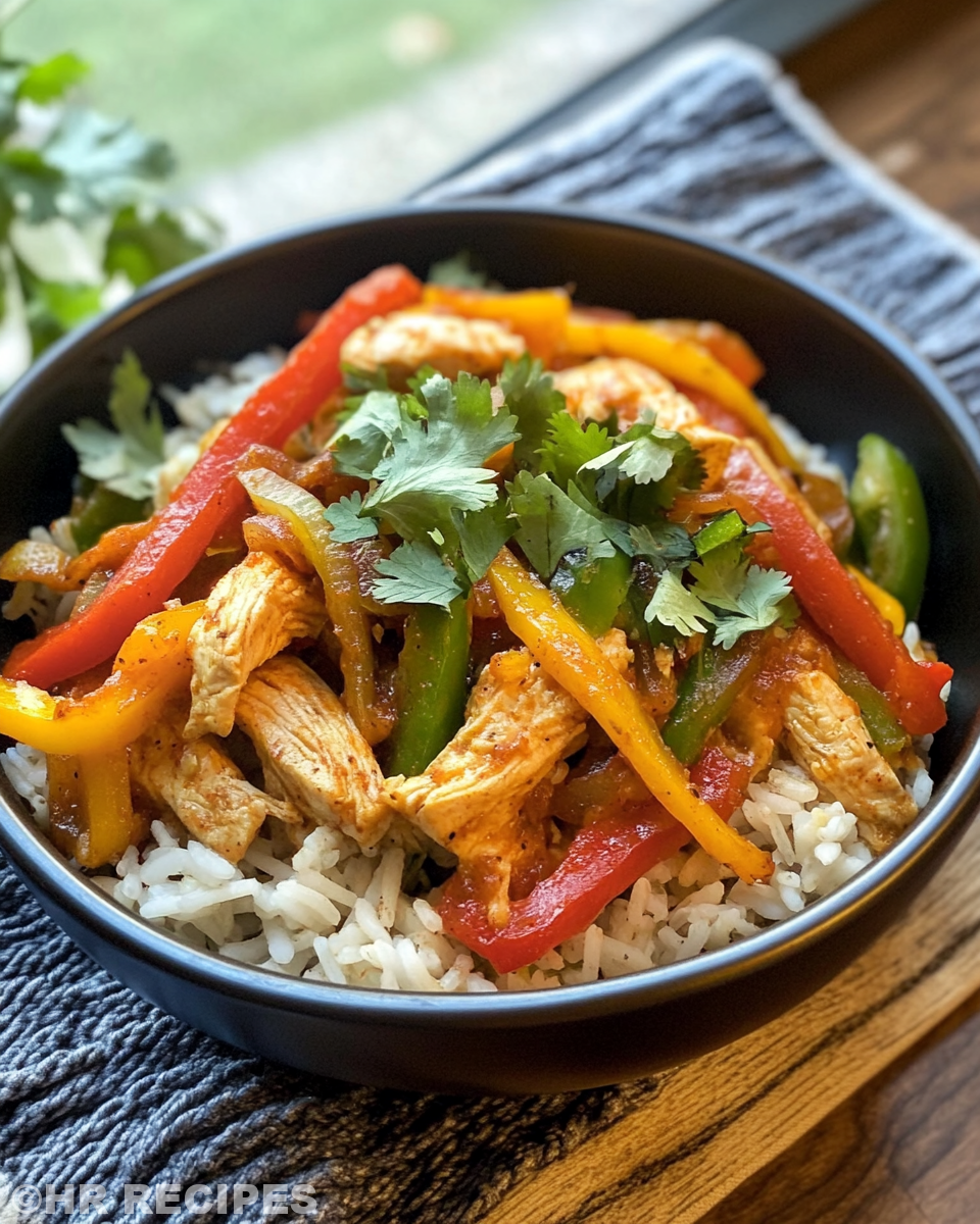 Finished chicken fajita rice bowl served with optional toppings